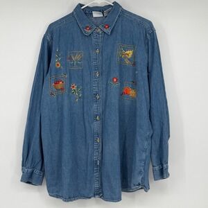 Vintage 90s Bobbie Brooks Denim Shirt Embroidered Fall Harvest Blue Plus 18W 20W